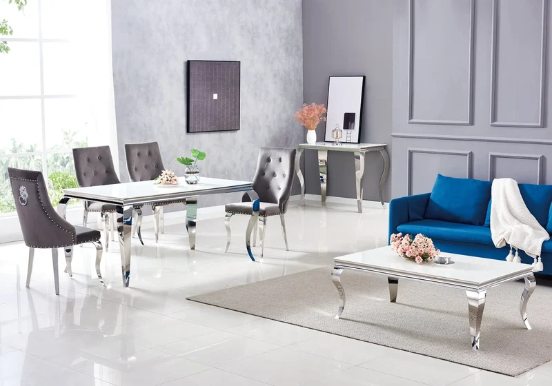 Table et chaises capitonnées verre blanc argent - Neo