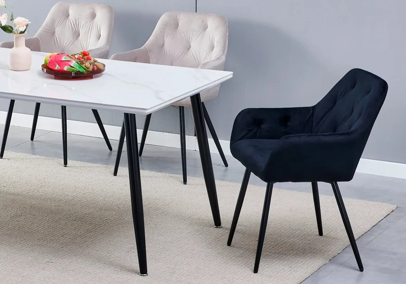 Ensemble table chaise noire céramique marbre blanc - Zora