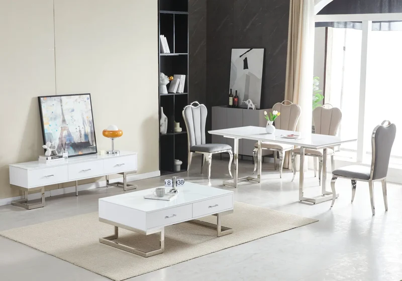Ensemble table chaise céramique marbre blanc - Odel