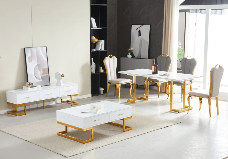 Ensemble table chaise dorée céramique marbre blanc - Odel
