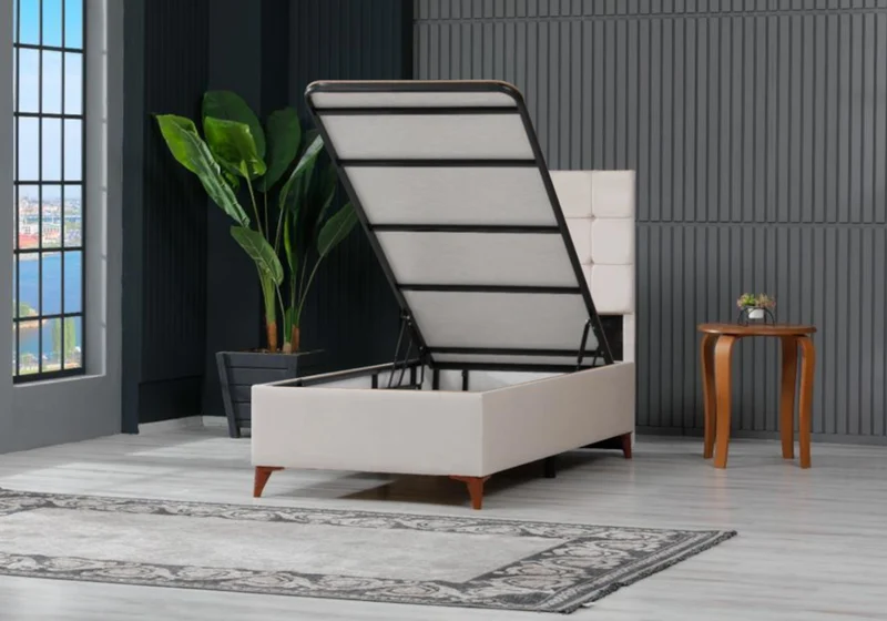 Lit coffre complet 1 place velours beige - Lore