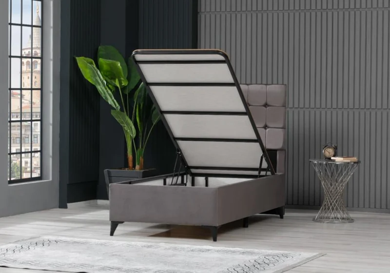Lit coffre complet 1 place velours gris - Lore
