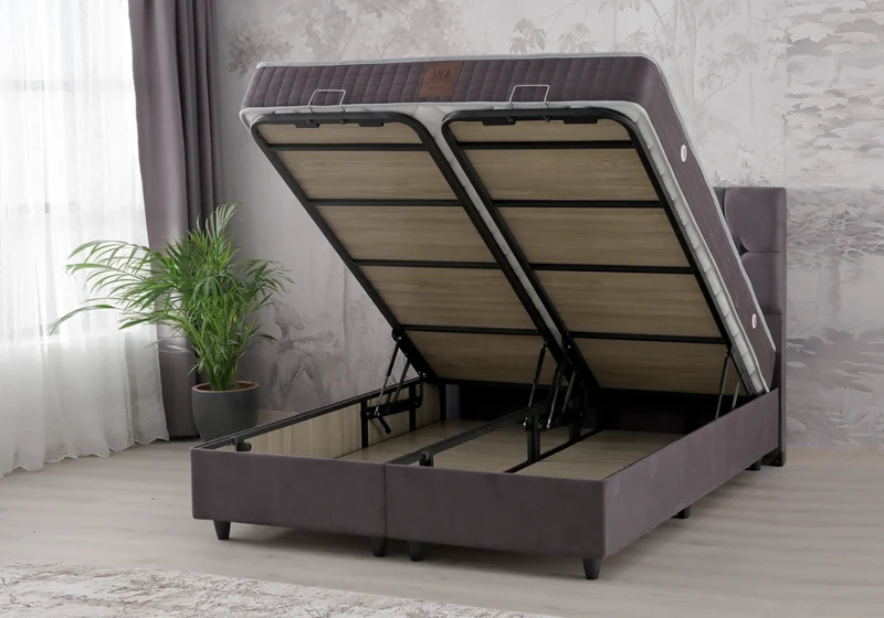 Lit coffre complet 2 places velours gris - Lore
