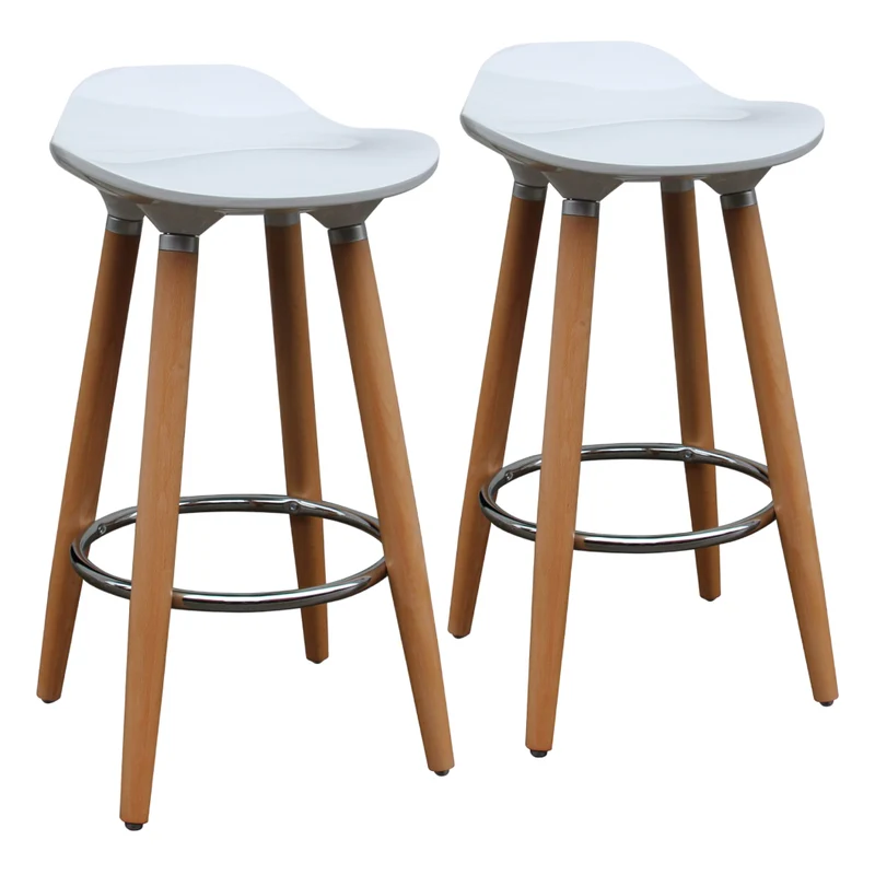Ensemble de 2 tabourets de bar en ABS moulé blanc et bois naturel - Trex