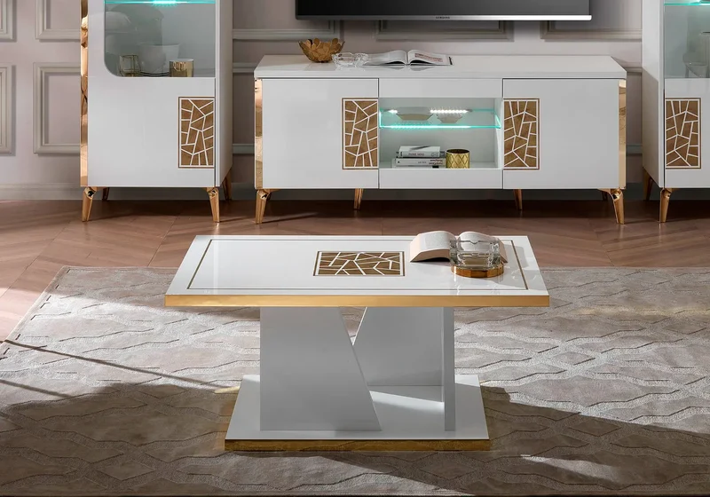 Meuble tv laqué blanc doré STELLA