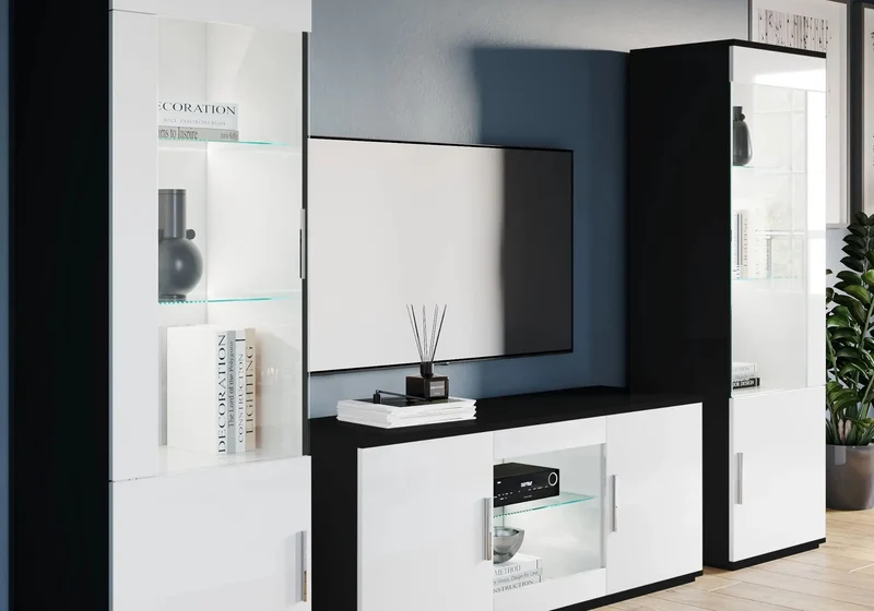 Ensemble meuble TV laqué noir blanc VENERE