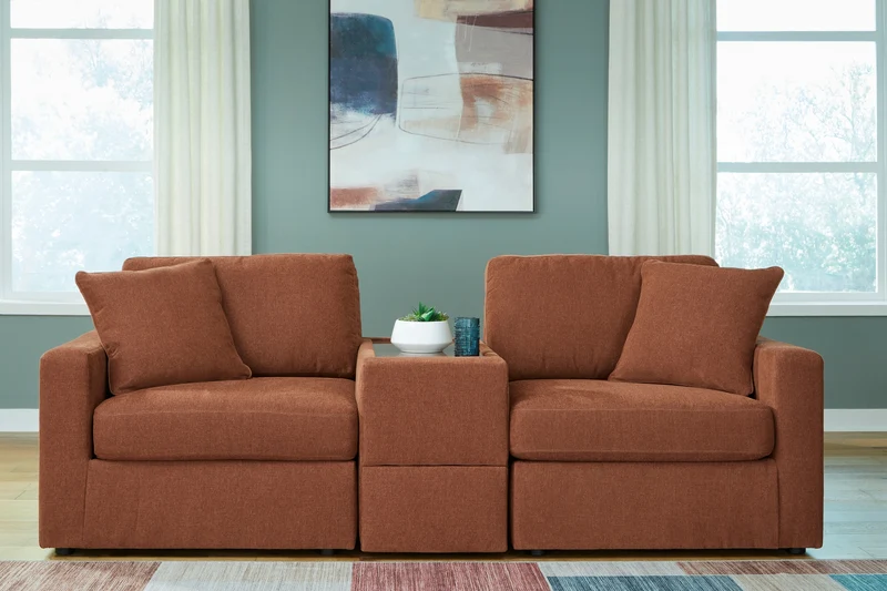 Sectionnel 3 pièces en tissu brun avec console & coussins - Modmax