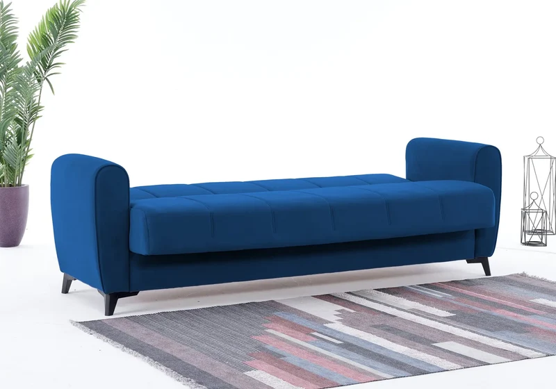 Canapé Turc Pas Cher - Lit & Coffre de Rangement – Velours Bleu LARA