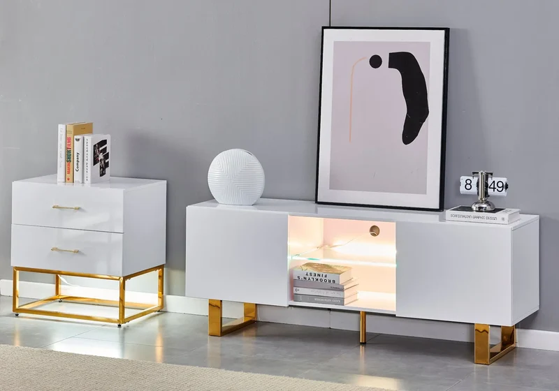 Meuble tv design doré laqué blanc - Line