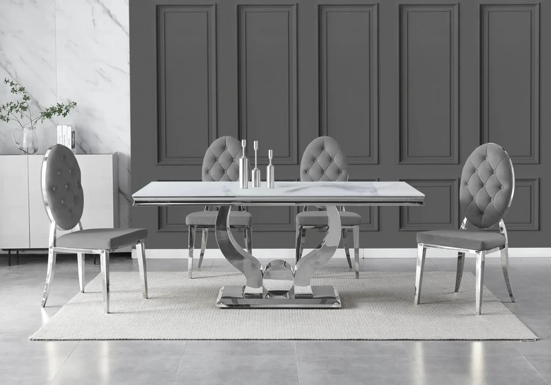 Chaise médaillon capitonnée velours gris argent - Neo x4