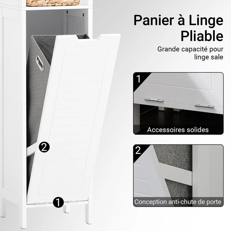 SoBuy BZR123-W Colonne Salle de Bain avec Panier à Linge Amovible et 2 Étagères Ouvertes – L30×P30×H145 cm, Charge 20 kg, MDF et Bambou, Blanc
