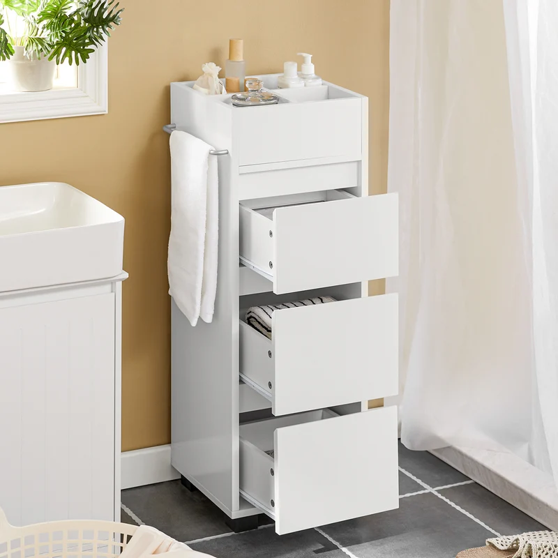 SoBuy BZR29-W Meuble Salle de Bain Petit Espace 30 cm – 3 Tiroirs et Porte-Serviettes Réversible, Blanc