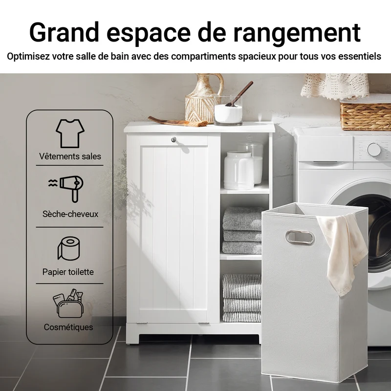 SoBuy BZR105-W Meuble Salle de Bain avec Panier à Linge et 3 Étagères – L60×P37×H86 cm, Charge 70 kg, MDF E1, Blanc