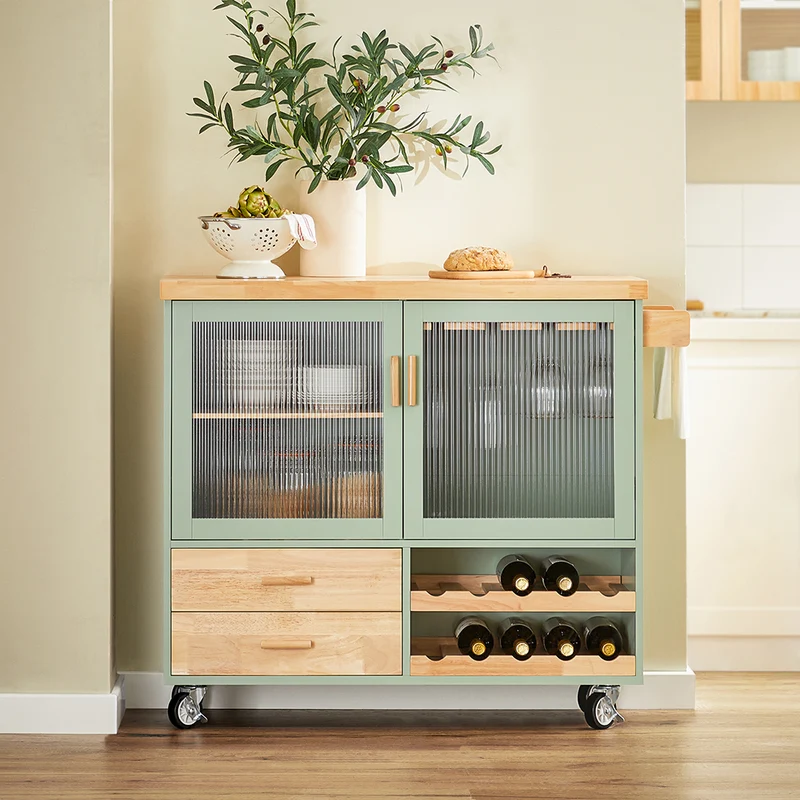 SoBuy FKW114-GR Ìlot Central Cuisine Mobile Vert Sauge – Bar à Vins, Plan Bois Massif, Rangement