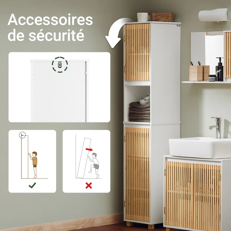SoBuy BZR127-W Colonne Salle de Bain Rangement Fonctionnel et Compact, Gain de Place, pour Salle de Bain et WC – L33×P33×H165 cm, Bambou, Blanc et Naturel