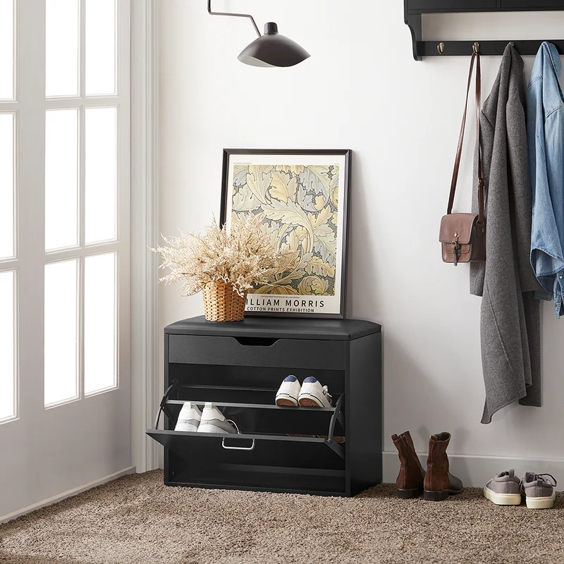 SoBuy FSR95-SCH Banc à Chaussures avec Coussin Rembourré et 1 Abattant Rabattable pour Entrée – 60x30x49 cm, Noir