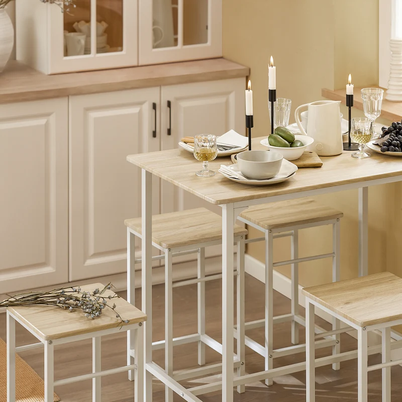 SoBuy OGT11-WN Table Haute avec 4 Tabourets – Mange-Debout Industriel 100×60 cm, Blanc/Naturel