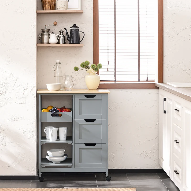 SoBuy FKW79-HG Meuble Cuisine Desserte de Cuisine à roulettes, Desserte Rangement avec 3 Tiroirs et 1 Tablette Amovible, Meuble de Rangement Cuisine, L68xP38xH85cm,Gris
