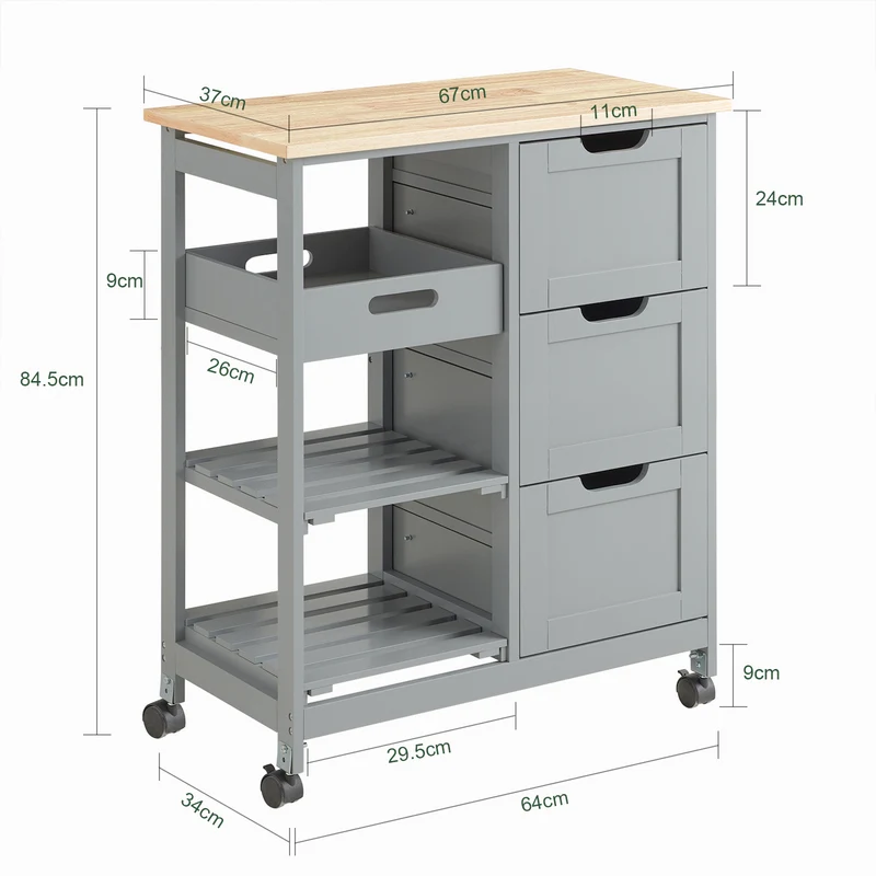 SoBuy FKW79-HG Meuble Cuisine Desserte de Cuisine à roulettes, Desserte Rangement avec 3 Tiroirs et 1 Tablette Amovible, Meuble de Rangement Cuisine, L68xP38xH85cm,Gris