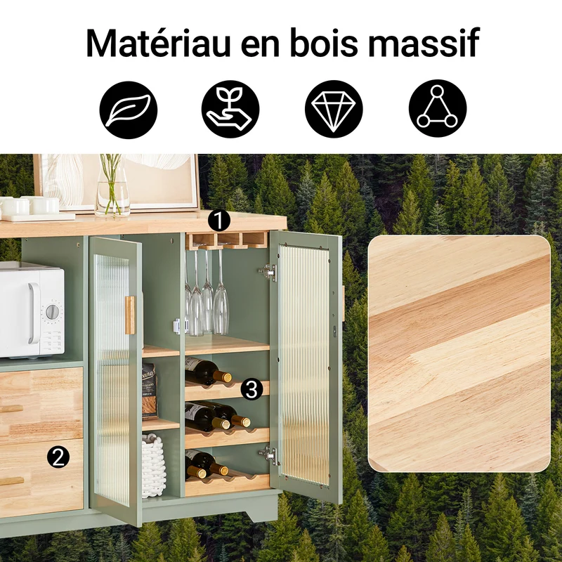 SoBuy FSB81-GR Buffet Cuisine 120cm, Niche Micro-Ondes, Casier 8 Bouteilles, Portes Vitrées, Plan Bois Massif – Vert Sauge