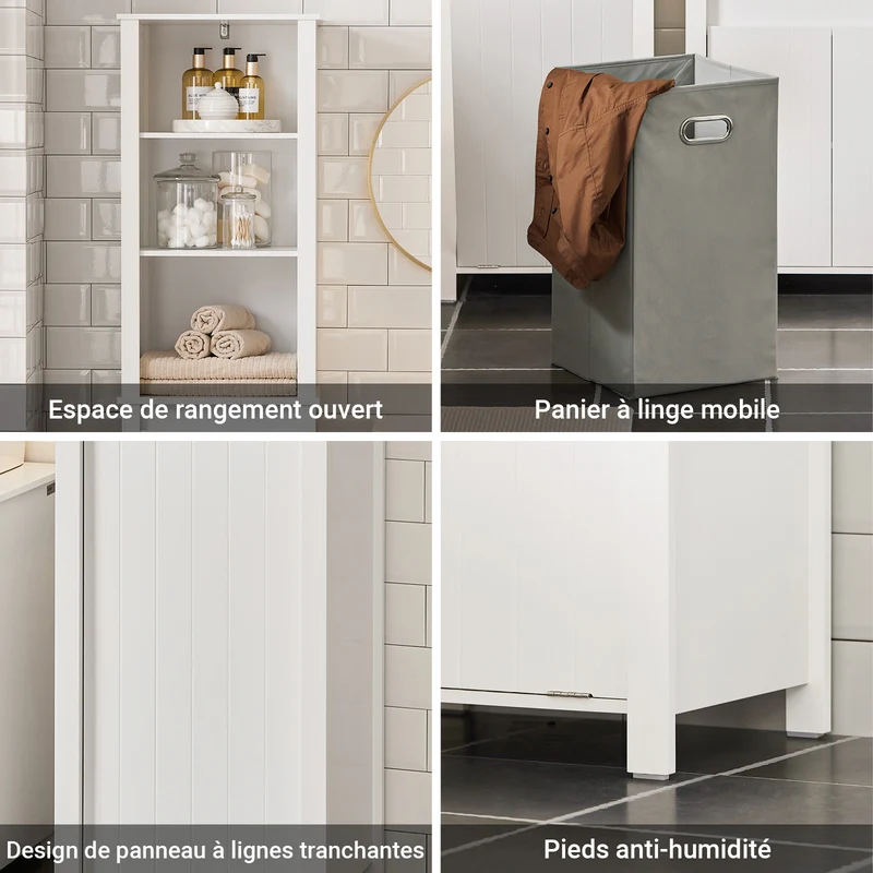 SoBuy BZR102-W Colonne Salle de Bain avec 3 Étagères et Sac à Linge Amovible – L45×P35×H171 cm, Charge 40 kg, Blanc