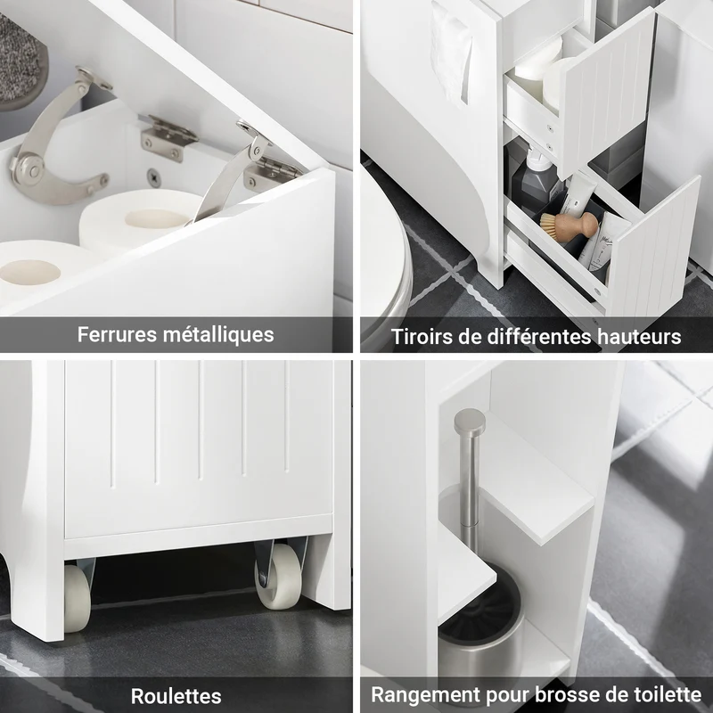 SoBuy BZR111-W Meuble WC Étroit 20 cm sur Roulettes – Rangement Papier Toilette, 2 Tiroirs, Blanc