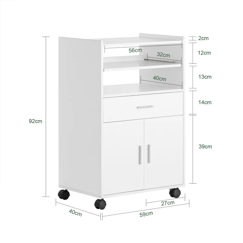 SoBuy FSB09-W Chariot de Cuisine sur Roulettes avec Plan de Travail Extensible – Meuble Micro-Ondes, 2 Étagères, Tiroir, Blanc, 40×59×92 cm