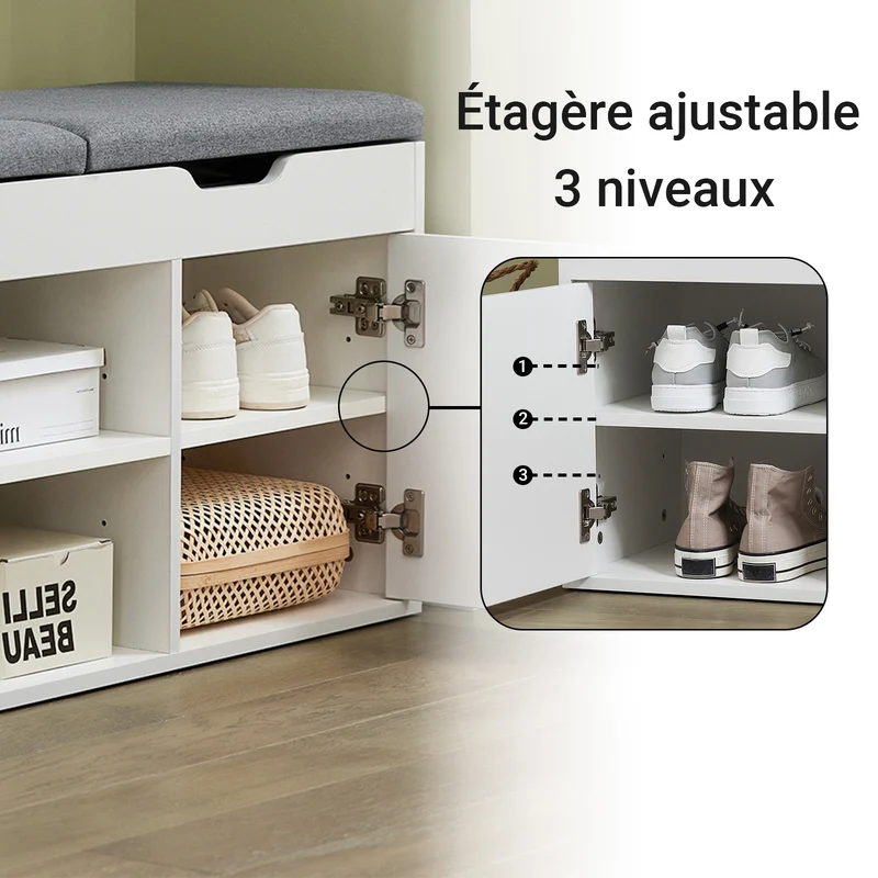 SoBuy FSR96-W Banc à Chaussures avec Coussin Rembourré, 2 Portes et 3 Étagères Réglables, Design Moderne, Compact – L100×P34×H47 cm, Charge 150 kg, Blanc