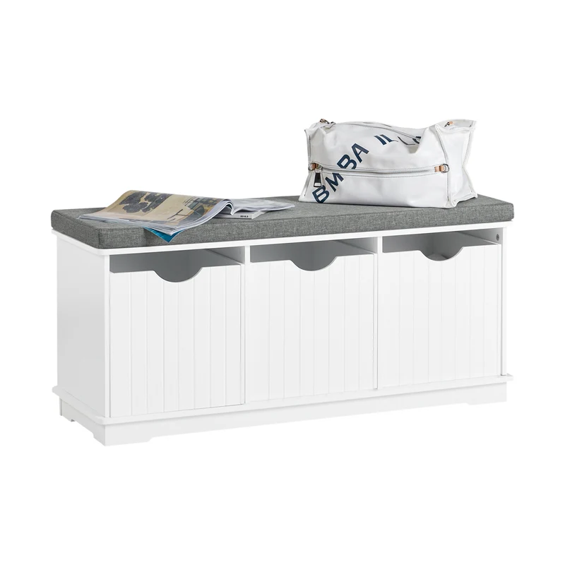 SoBuy FSR30-W Banc à Chaussures avec Coussin Rembourré et 3 Cubes de Rangement pour Entrée – 100x36x46 cm, Blanc
