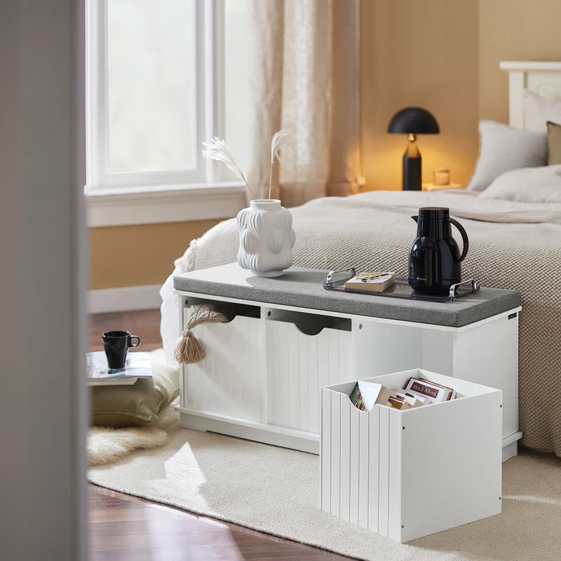 SoBuy FSR30-W Banc à Chaussures avec Coussin Rembourré et 3 Cubes de Rangement pour Entrée – 100x36x46 cm, Blanc