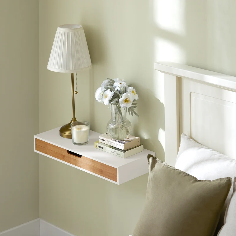 SoBuy FRG93-WN Étagère Murale avec Tiroir - Étagère Flottante Moderne pour Entrée, Salon, Cuisine & Chambre - Blanc & Nature 60x24x8cm