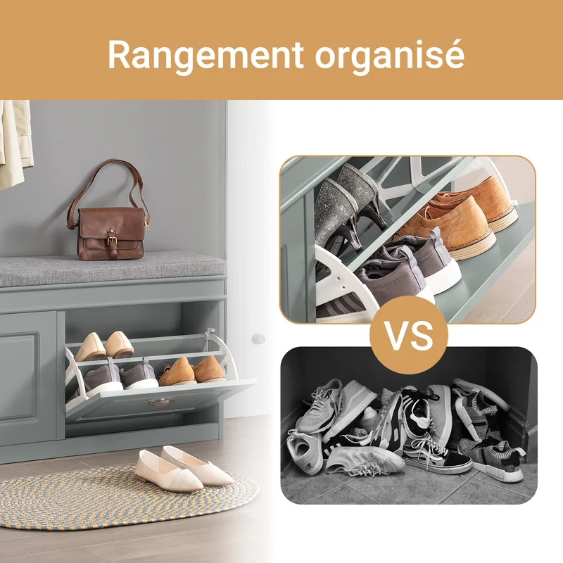 SoBuy FSR64-HG Banc à Chaussures 104 cm avec Coussin Déhoussable et 2 Abattants – Charge 150 kg – Bois FSC – Gris