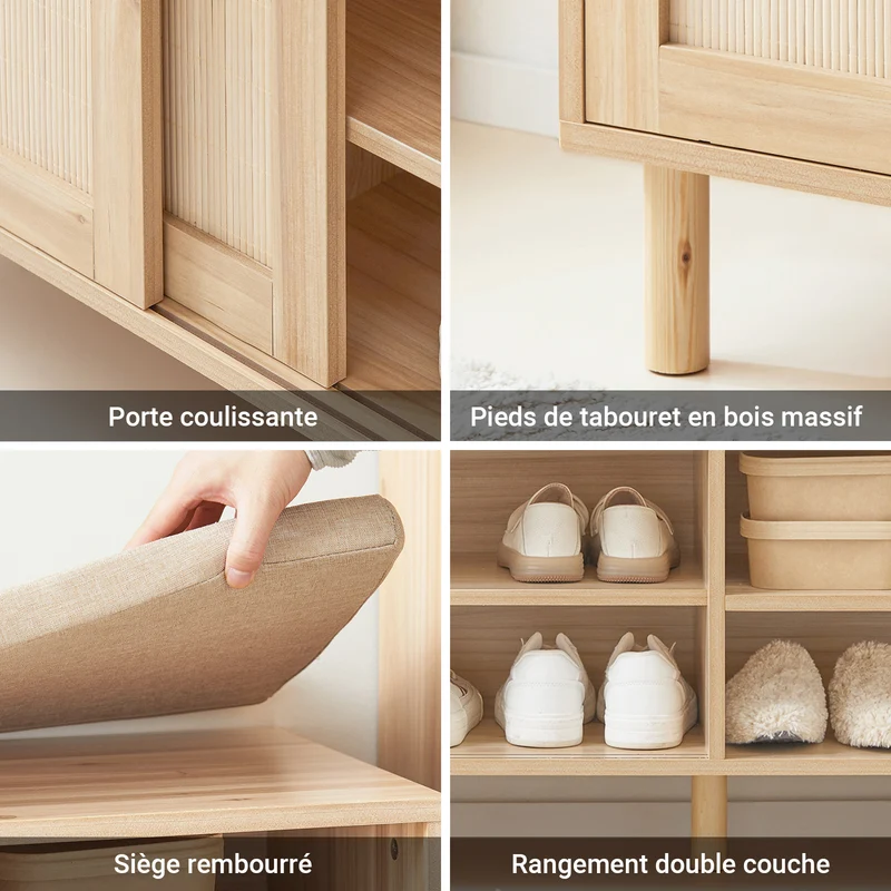 SoBuy Lot FSR163-N + FSR160-N – Ensemble Meubles à Chaussures Couleur Naturelle, Banc avec Coussin + Armoire 2 Abattants, Rangement Entrée 2 Pièces