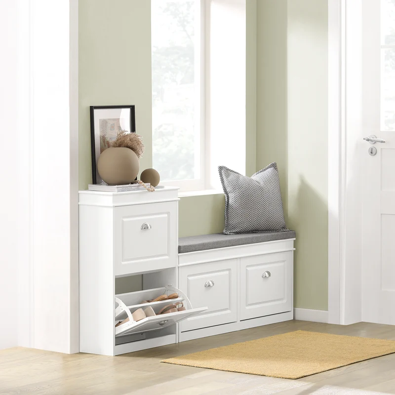 SoBuy Lot FSR64-W + FSR78-W – Ensemble Meubles à Chaussures Blanc, Banc avec Coussin + Meuble 2 Abattants, Rangement Entrée Étroit, Set 2 Pièces