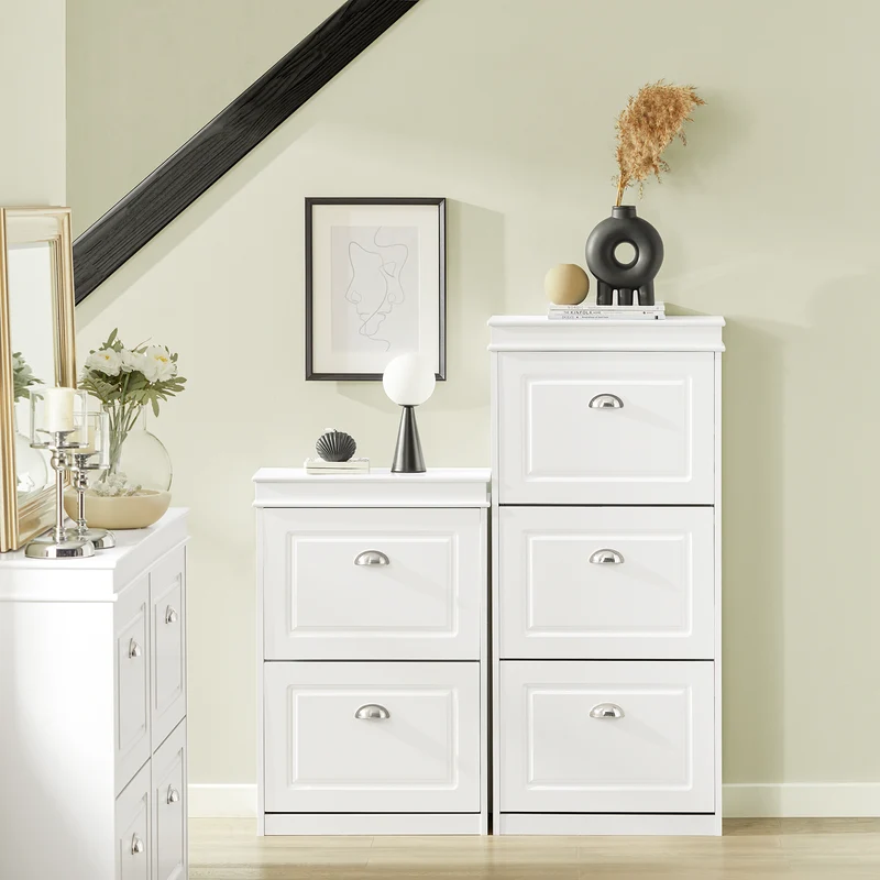 SoBuy Lot Meubles à Chaussures Blanc FSR94-W + FSR64-W – Armoire 3 Abattants 12 Paires & Banc à Chaussures avec Rangement & Coussin, Entrée Étroit