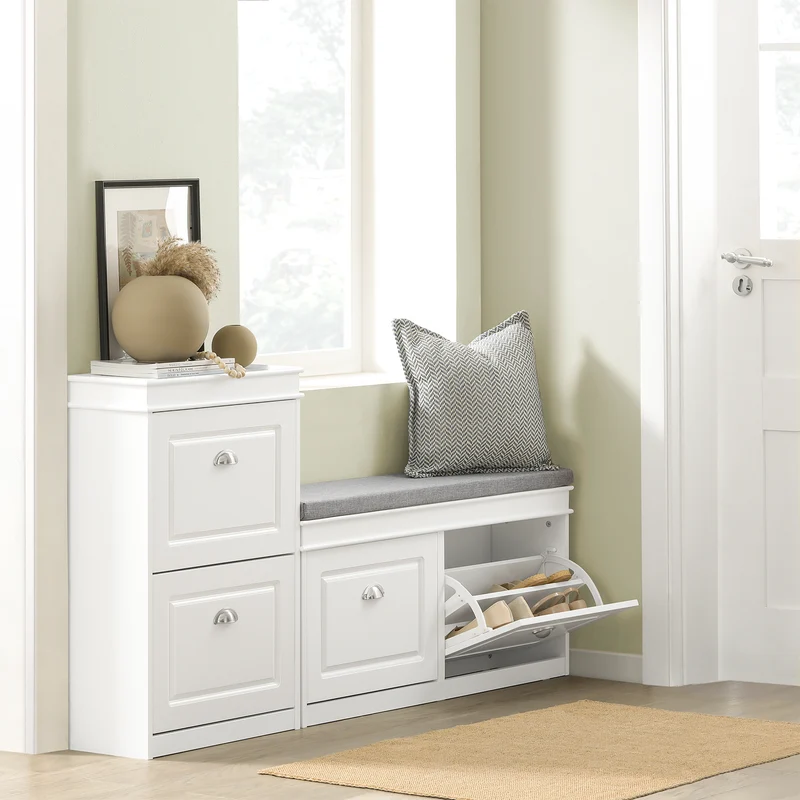 SoBuy Lot Meubles à Chaussures Blanc FSR94-W + FSR64-W – Armoire 3 Abattants 12 Paires & Banc à Chaussures avec Rangement & Coussin, Entrée Étroit