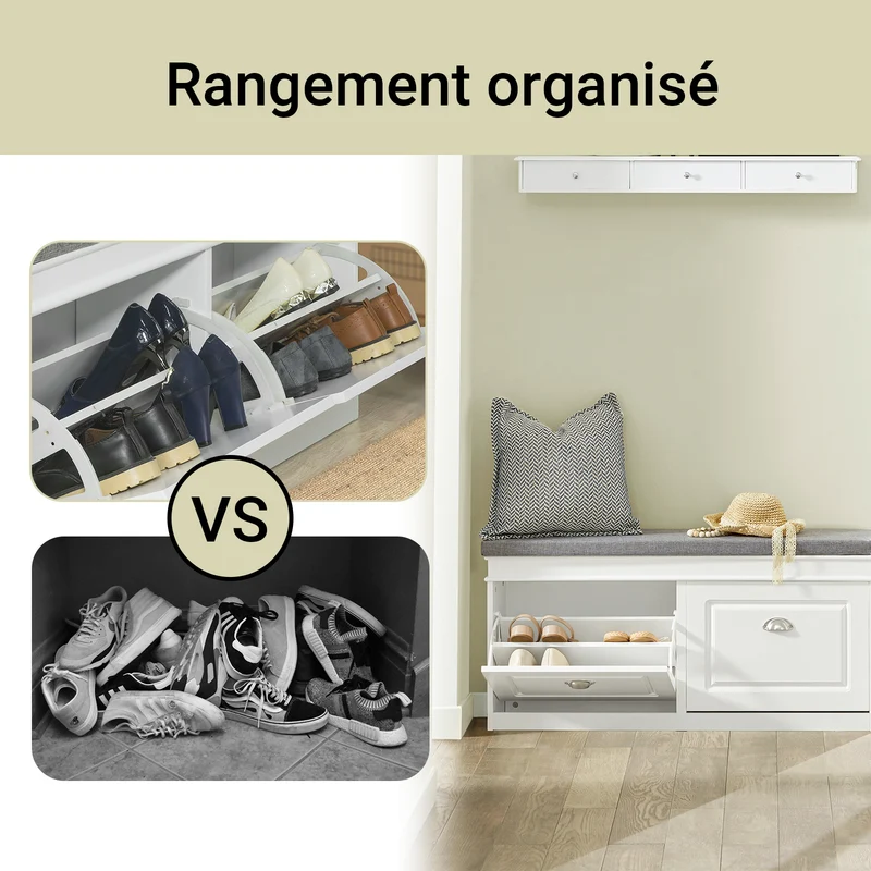 SoBuy Lot Meubles à Chaussures Blanc FSR94-W + FSR64-W – Armoire 3 Abattants 12 Paires & Banc à Chaussures avec Rangement & Coussin, Entrée Étroit