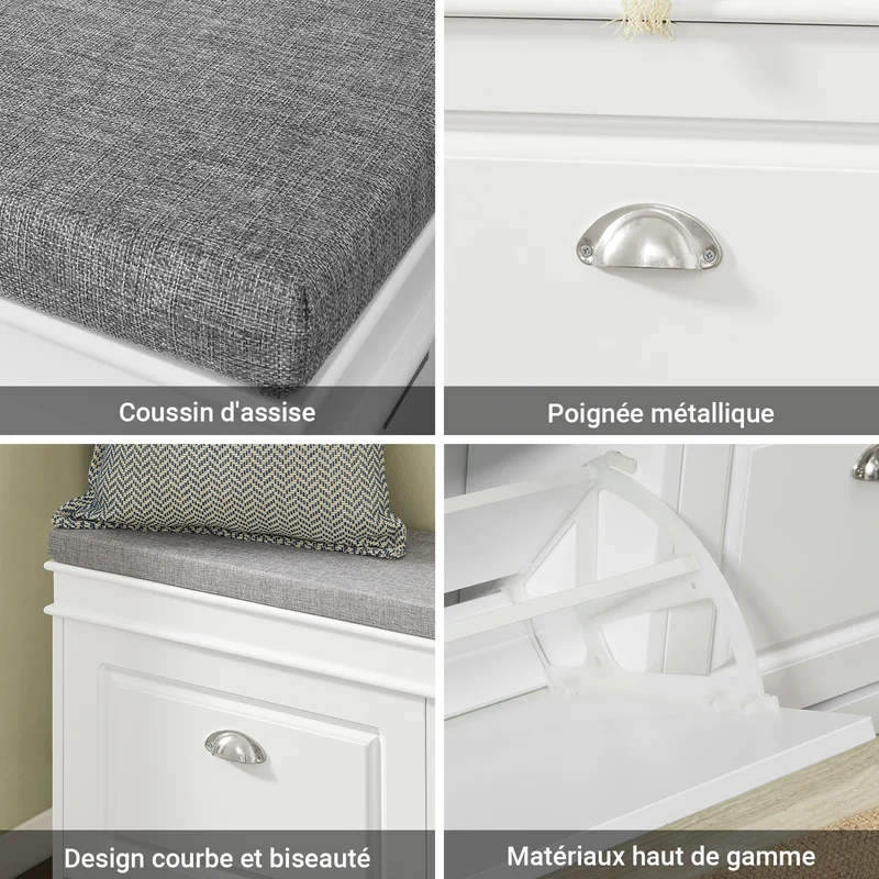 SoBuy Lot Meubles à Chaussures Blanc FSR94-W + FSR64-W – Armoire 3 Abattants 12 Paires & Banc à Chaussures avec Rangement & Coussin, Entrée Étroit
