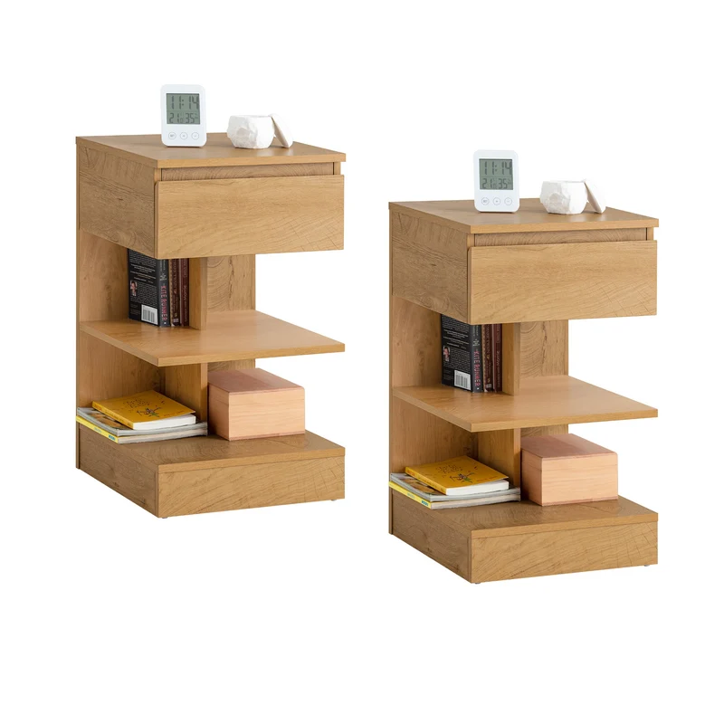 SoBuy FBT49-Nx2 Lot de 2 Table de Chevet - Table de Nuit avec 1 tiroir et 2 étagères, Table d'appoint pour Chambre à Coucher - Meuble de Rangement Moderne L39 x P39 x H65 cm Naturel