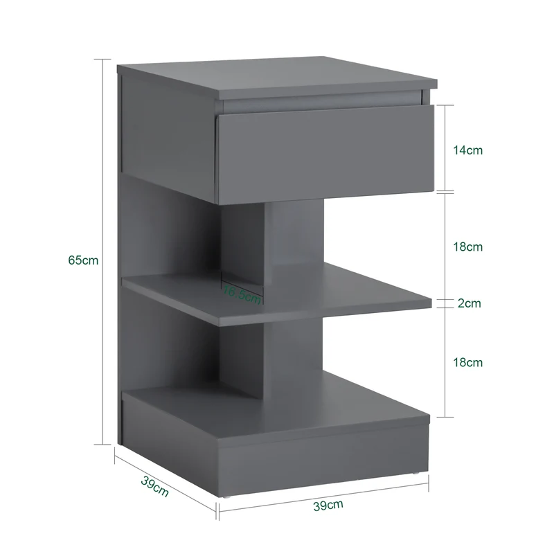 SoBuy FBT49-HGx2 Lot de 2 Table de Chevet - Table de Nuit avec 1 tiroir et 2 étagères, Table d'appoint pour Chambre à Coucher - Meuble de Rangement Moderne L39 x P39 x H65 cm Gris