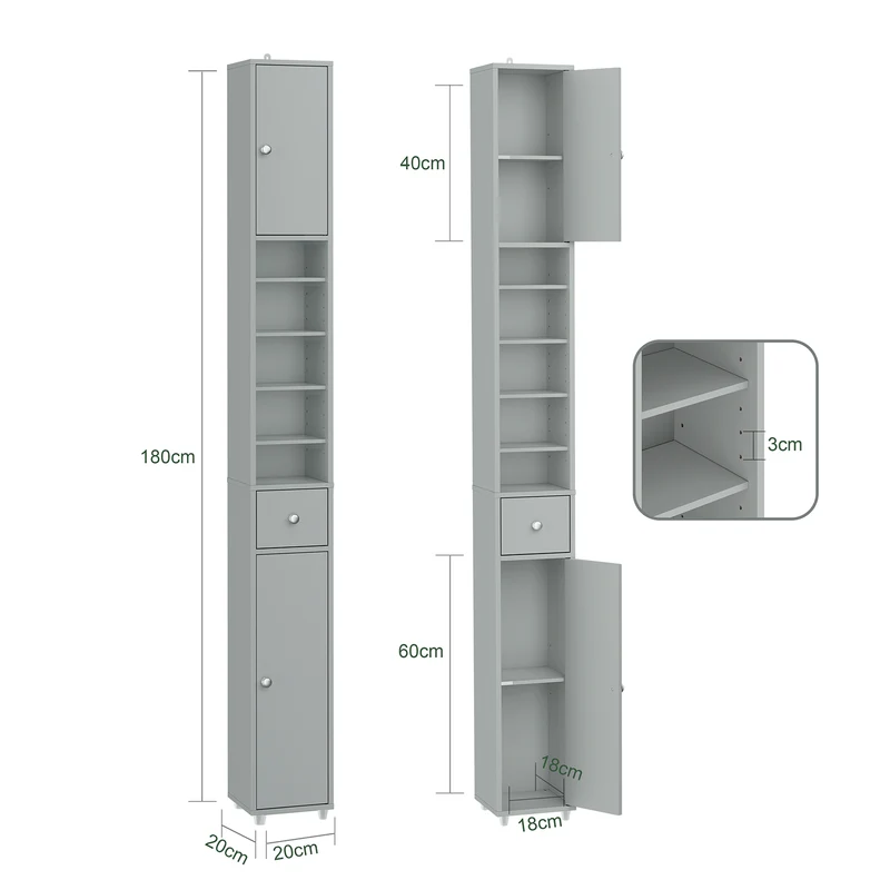 SoBuy BZR34-II-HG Colonne Salle de Bain Ultra-Étroite 20×20×180 cm – Tiroir Central, Étagères Réglables, Gris