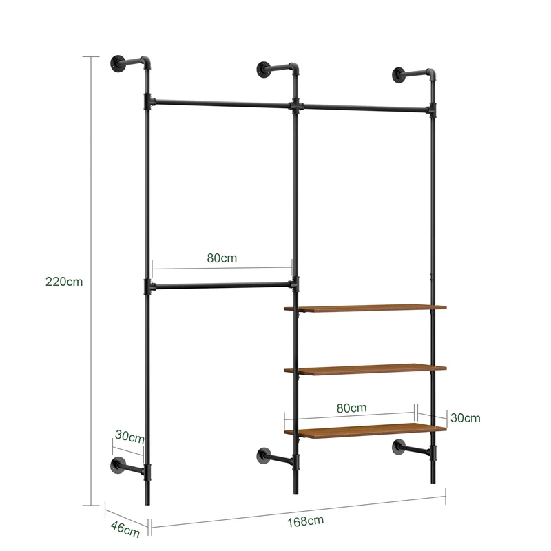 SoBuy KLS18-SCH Portant à Vêtements Mural Industriel – 3 Tringles, 3 Étagères, 220 cm, Noir