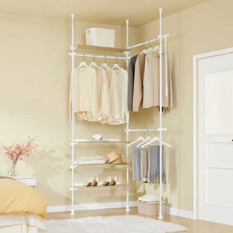 SoBuy KLS17-WN Portant à vêtements télescopique avec 3 tringles et 4 étagères – Blanc / Bois naturel