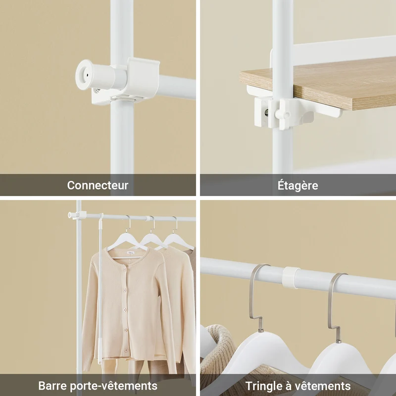 SoBuy KLS17-WN Portant à vêtements télescopique avec 3 tringles et 4 étagères – Blanc / Bois naturel