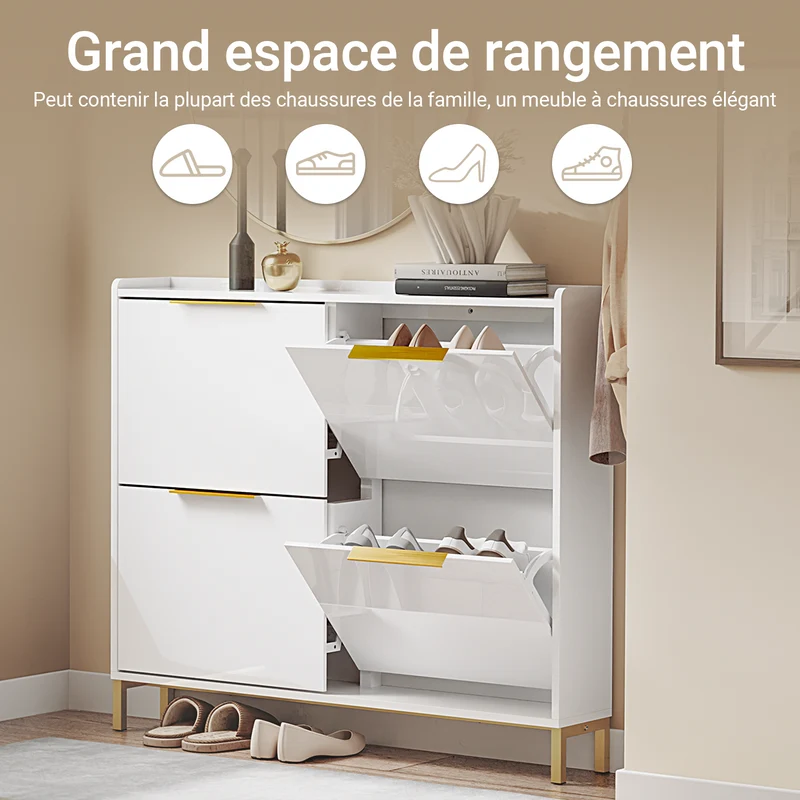 SoBuy FSR206-GW Armoire à Chaussures Ultra-Slim 19 cm pour 16-20 Paires, Finition Blanc Brillant et Or – Anti-Basculement, MDF E1, 100x19x90 cm