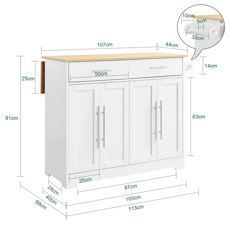 SoBuy FKW129-WN îlot Central de Cuisine sur Roulettes – Plan Extensible 44→69 cm, 2 Tiroirs, 2 Portes, Étagères Réglables – 113×91 cm, Blanc