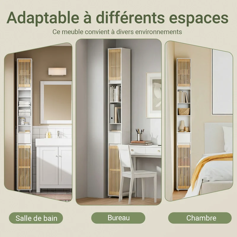 SoBuy BZR34-BW Colonne Bambou Style Naturel – Meuble WC Étroit 20 cm, Ventilé, Blanc