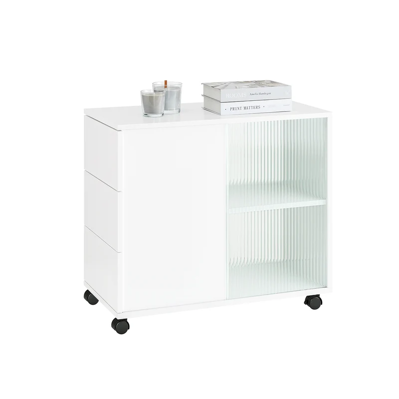 SoBuy FBT141-W Bout de Canapé, Table d'appoint Roulante, Table Basse, Table à Café avec 3 Tiroir, pour Salon, Bureau, Chambre