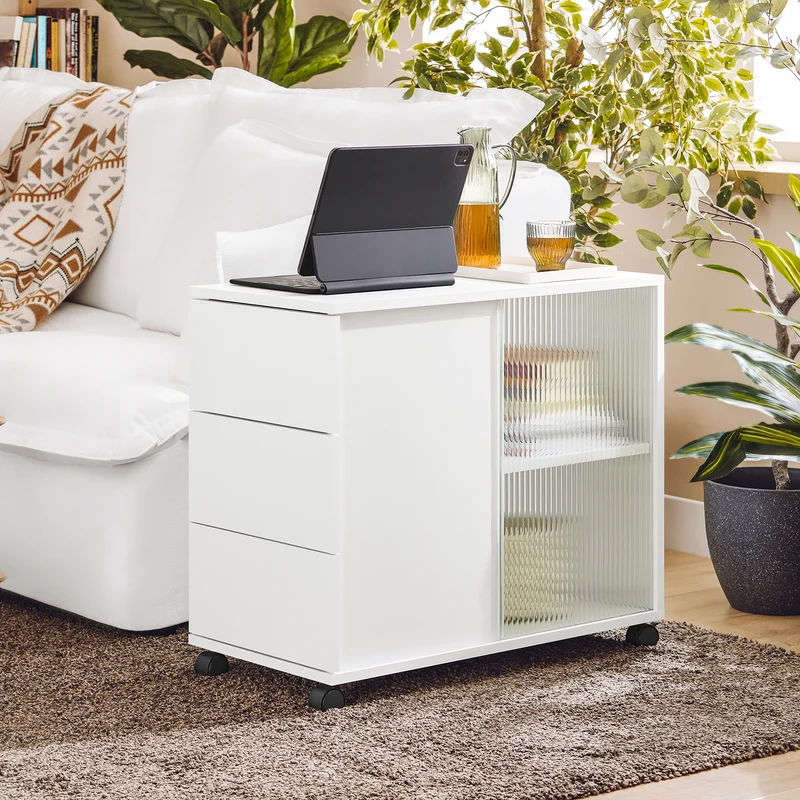 SoBuy FBT141-W Bout de Canapé, Table d'appoint Roulante, Table Basse, Table à Café avec 3 Tiroir, pour Salon, Bureau, Chambre