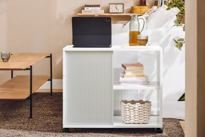 SoBuy FBT141-W Bout de Canapé, Table d'appoint Roulante, Table Basse, Table à Café avec 3 Tiroir, pour Salon, Bureau, Chambre